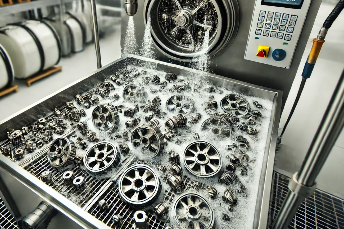 Industrial washing process for small mechanical parts (minuteria). The image shows small metal components being cleaned with high-pressure water